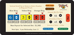 Screen for selecting wagers for up to 6 events per Tri-Wheel Lotto spin x 10 spins